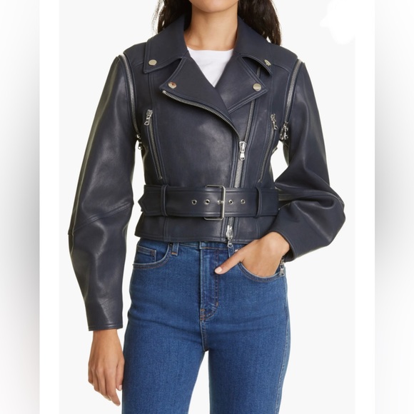 Veronica Beard NWT $1,598 size 0 Jylan Navy Blue Leather Moto Jacket - Picture 1 of 11